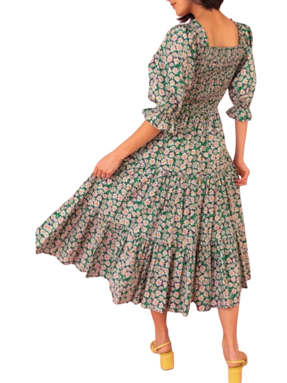 Ivy City & Co Rowan Smocked Square-Neck Daisy Print Midi Dress NWT Green Medium
